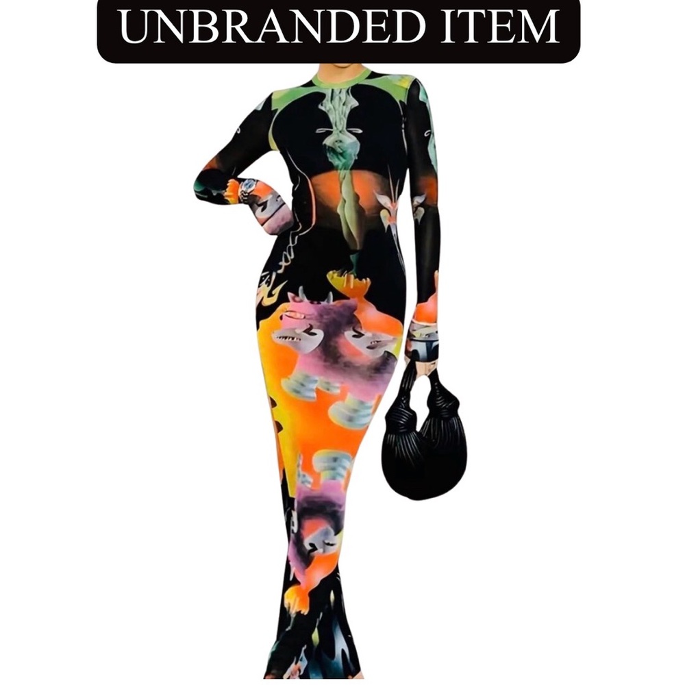 Vintage Style Long Sleeve Abstract Print Crew Neck Fashionable Dress, NWOT